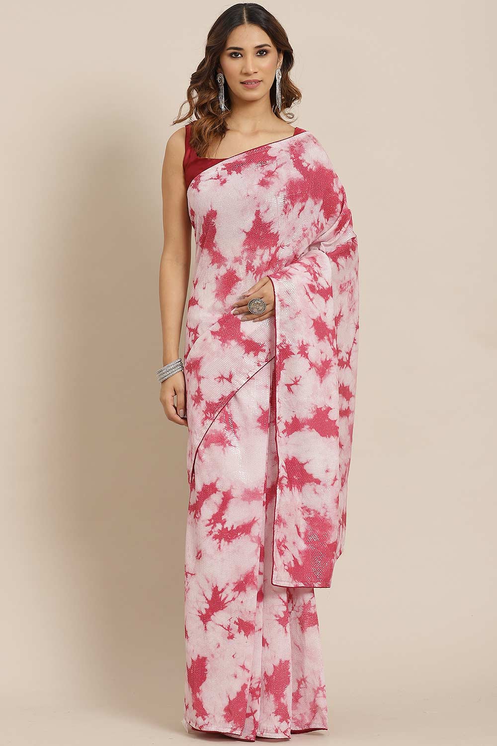 Pink Poly Silk Tie And Dye Embellished Saree