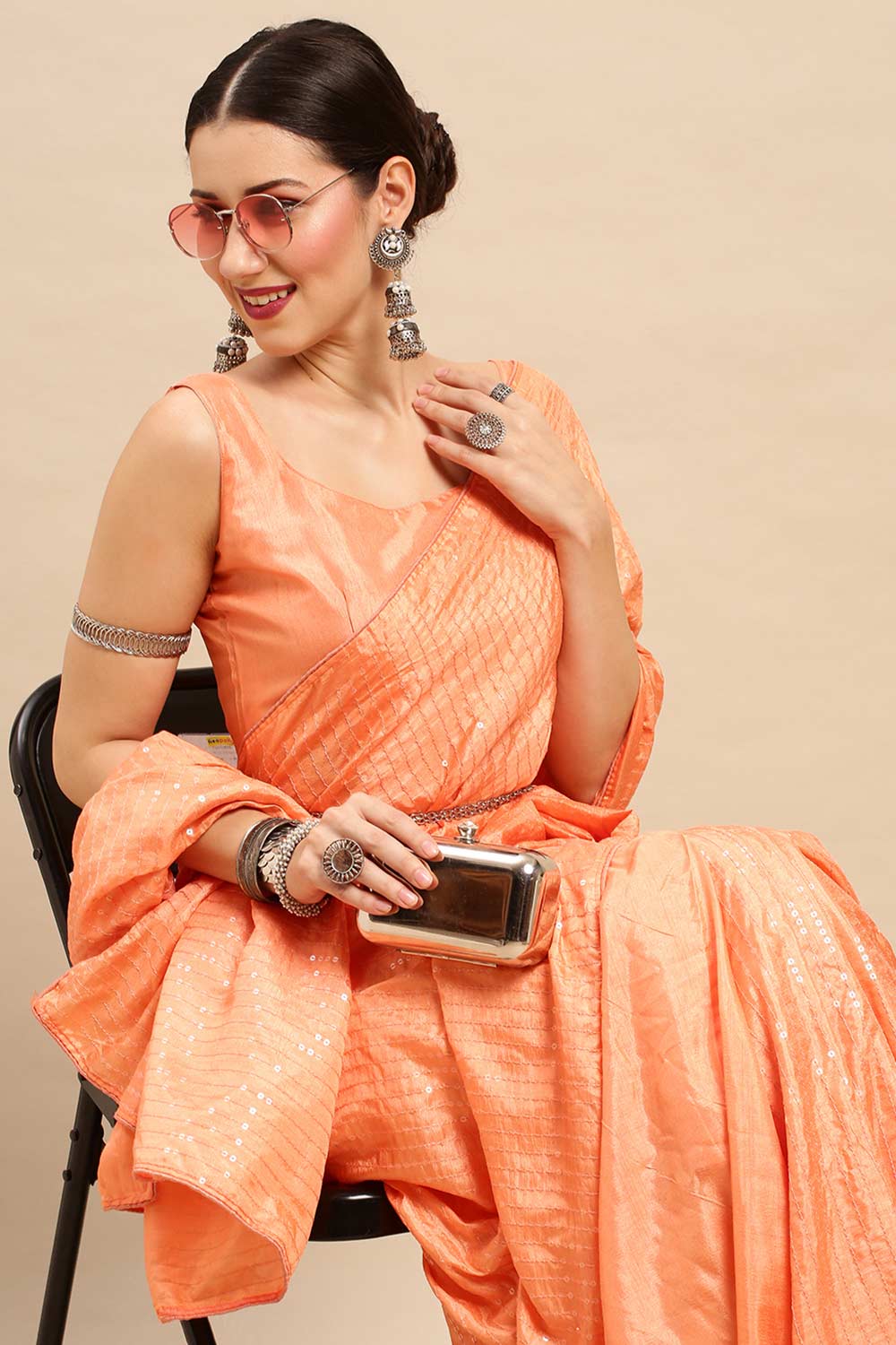 Buy Peach Dola Silk Striped Sequin Saree Online - Zoom In