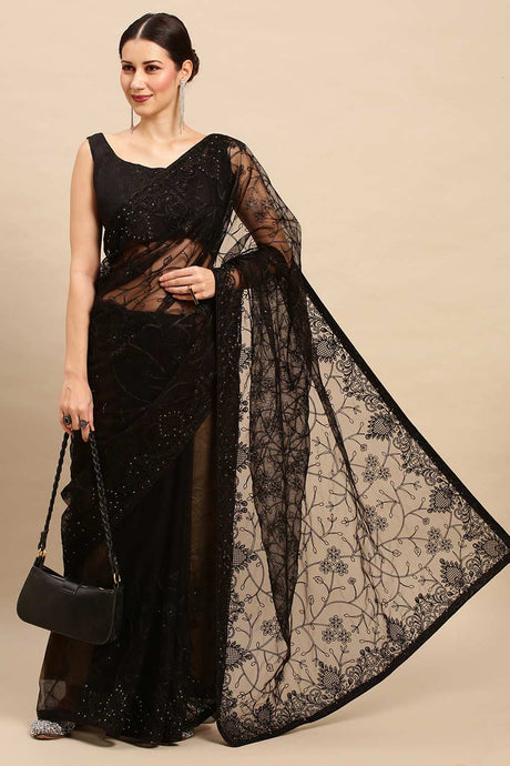 Buy Black Net Floral Embroidered Saree Online