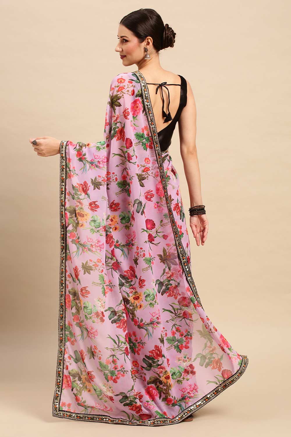 Buy Lavender Georgette Floral Printed Saree Online - Back