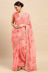 Buy Pink Organza Floral Printed Saree Online