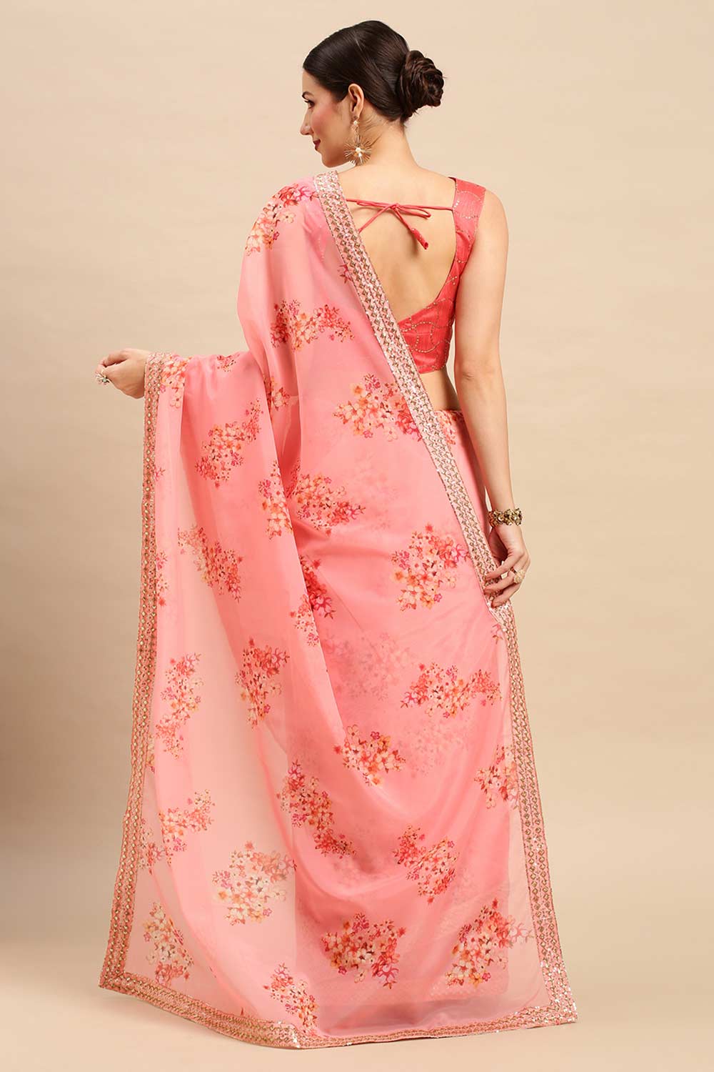 Buy Pink Organza Floral Printed Saree Online - Back