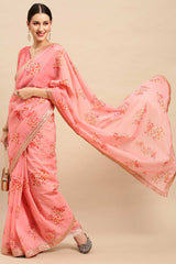 Buy Pink Organza Floral Printed Saree Online - Zoom In