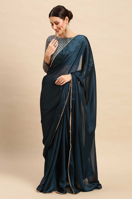 Buy Teal blue Georgette Solid Saree Online