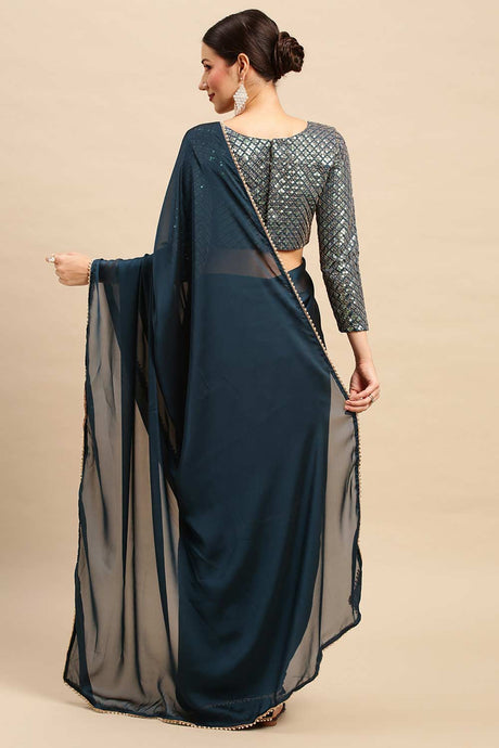 Buy Teal blue Georgette Solid Saree Online - Back