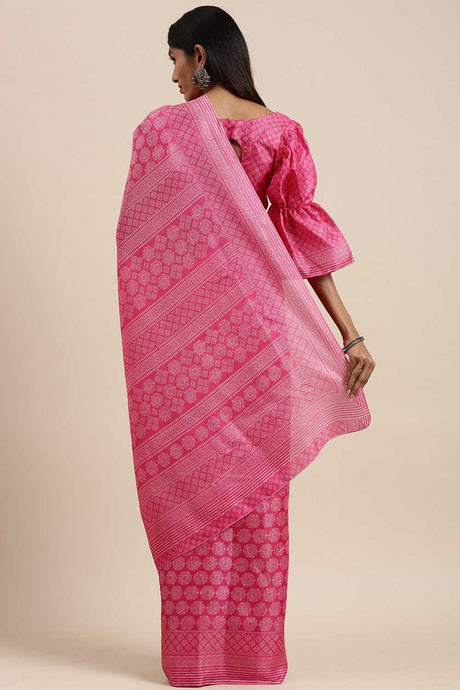 Pink Bhagalpuri Silk Floral Block Print Saree
