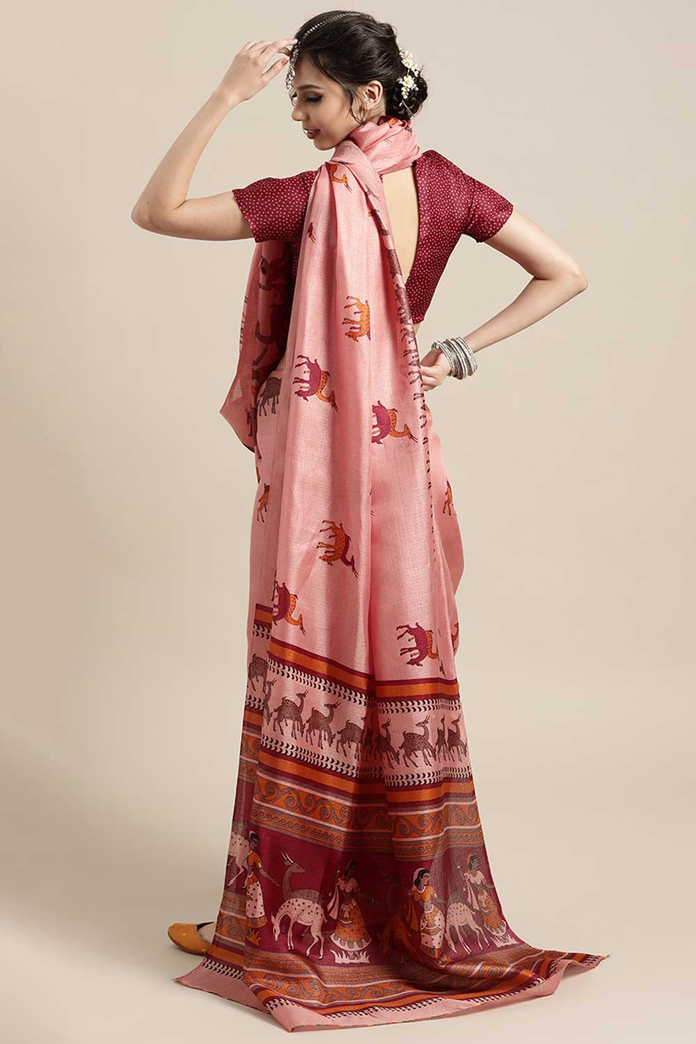 Rose Gold Bhagalpuri Silk Animal Block Print Saree