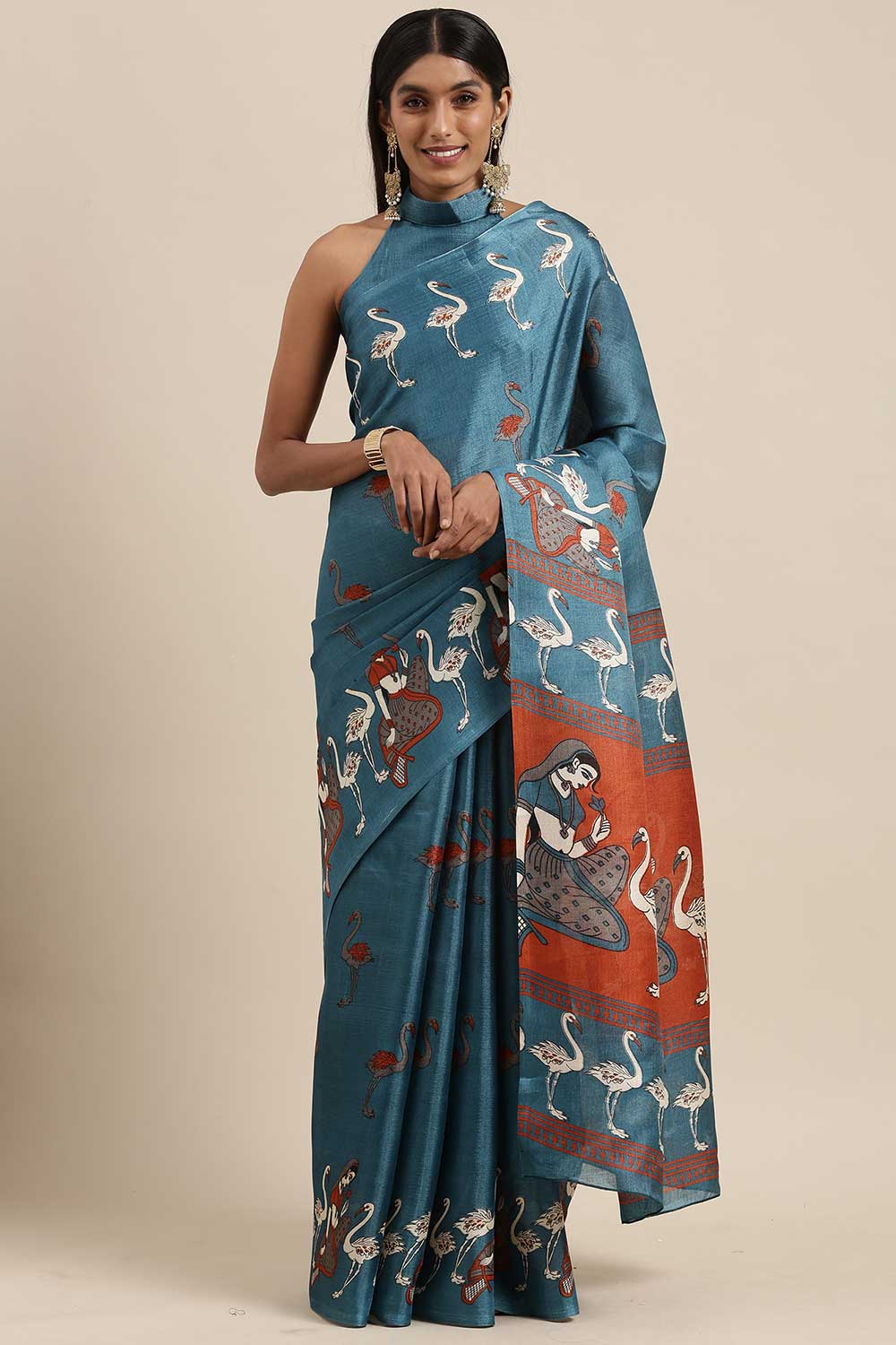 Teal Blue Bhagalpuri Silk Animal Block Print Saree