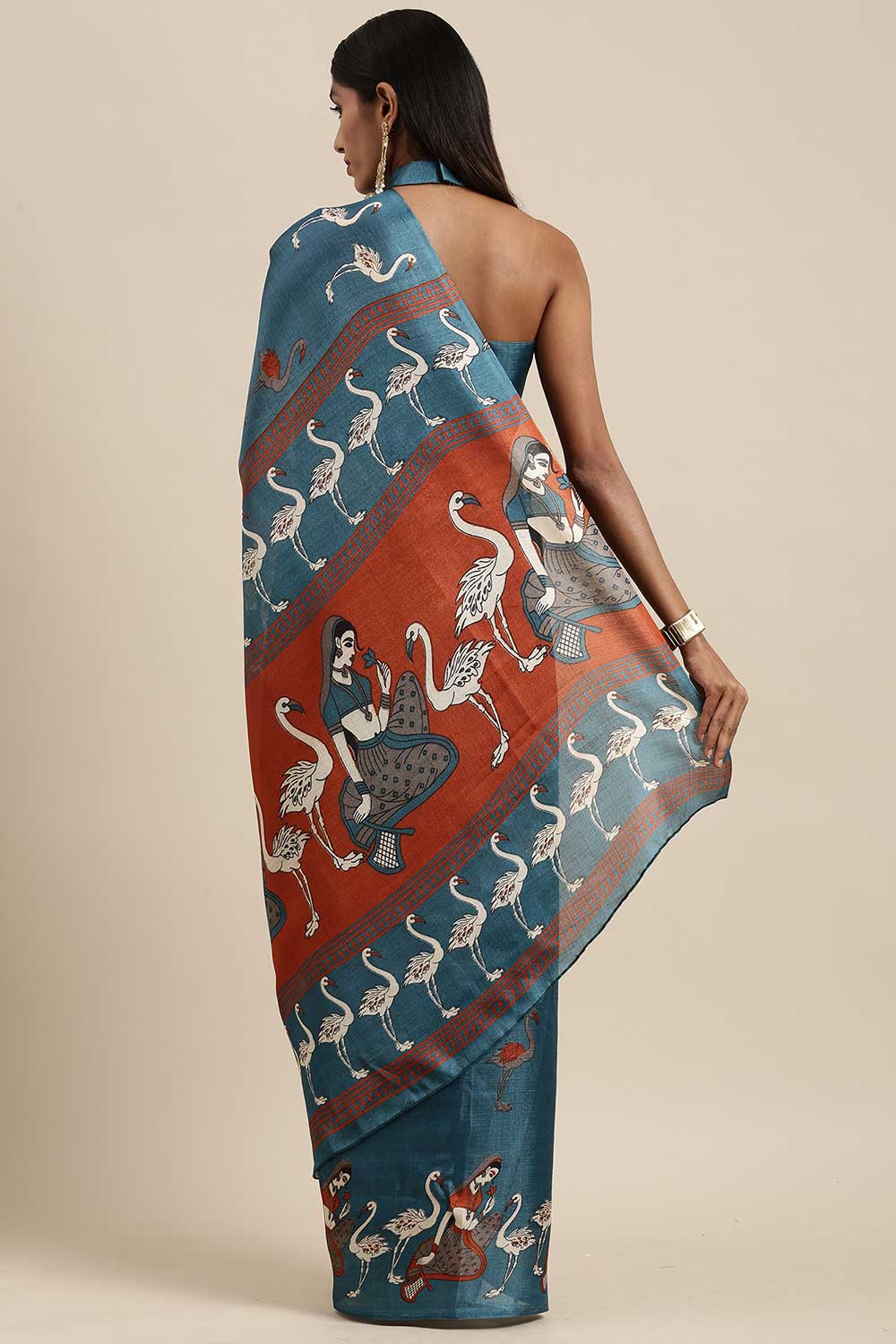 Teal Blue Bhagalpuri Silk Animal Block Print Saree