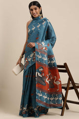 Teal Blue Bhagalpuri Silk Animal Block Print Saree