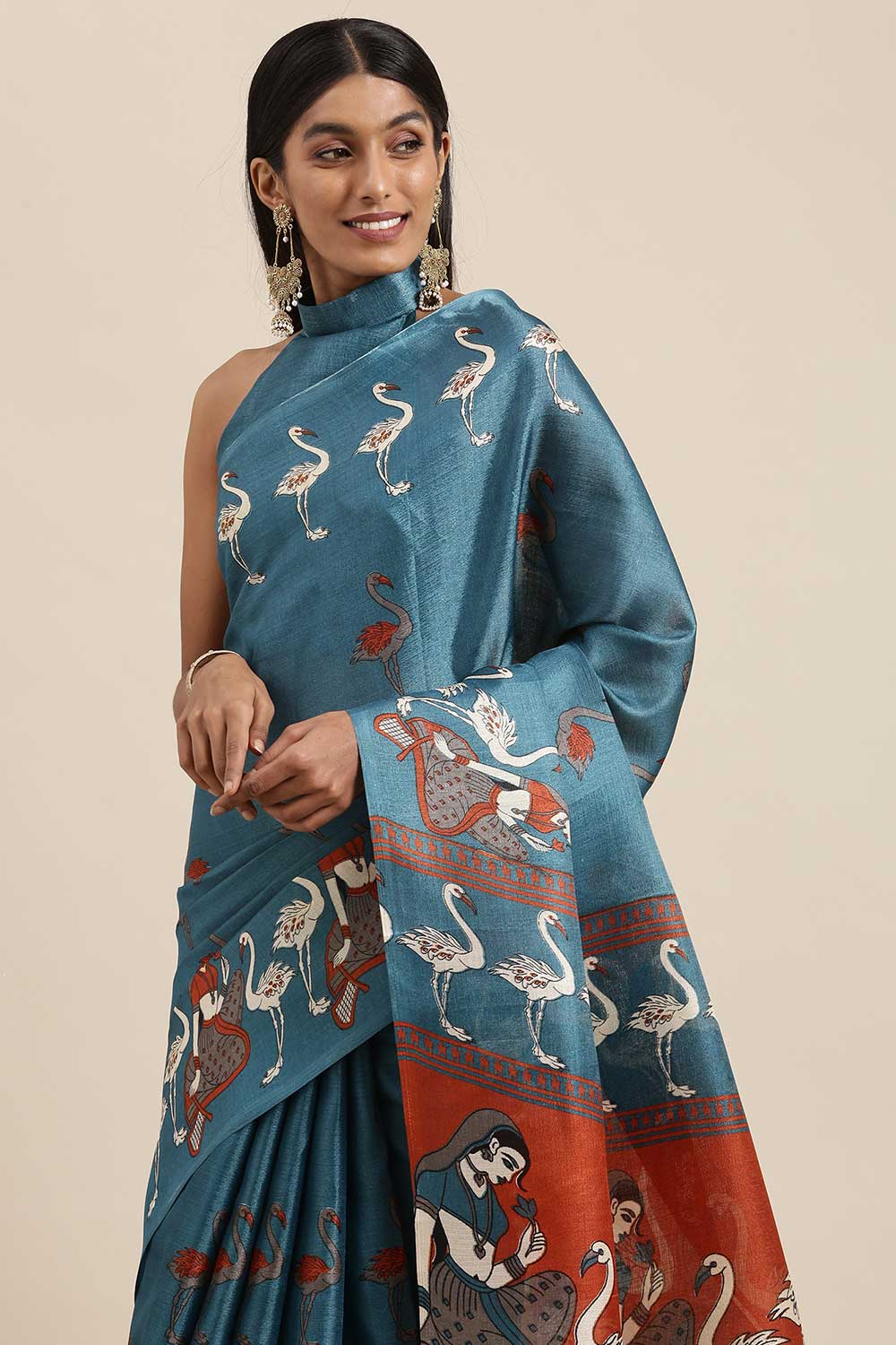 Teal Blue Bhagalpuri Silk Animal Block Print Saree