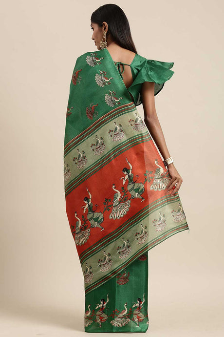 Green Bhagalpuri Silk Animal Block Print Saree