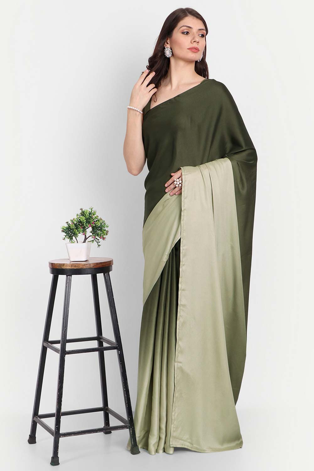 Green Satin Ombre-Dyed Saree