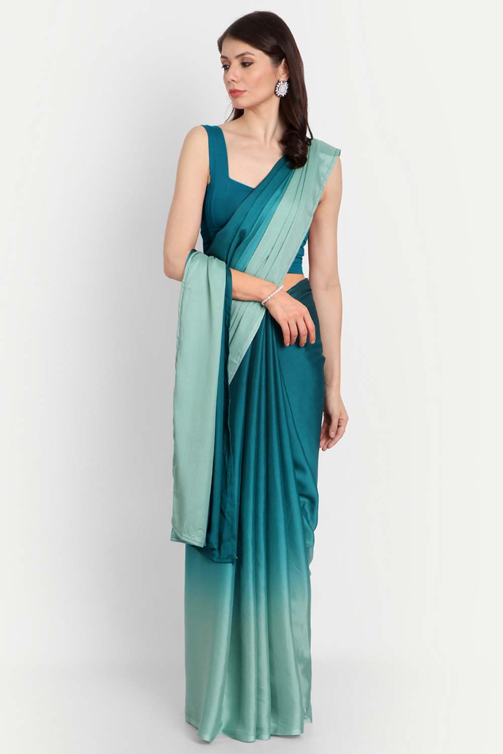 Blue And Green Satin Ombre-Dyed Saree