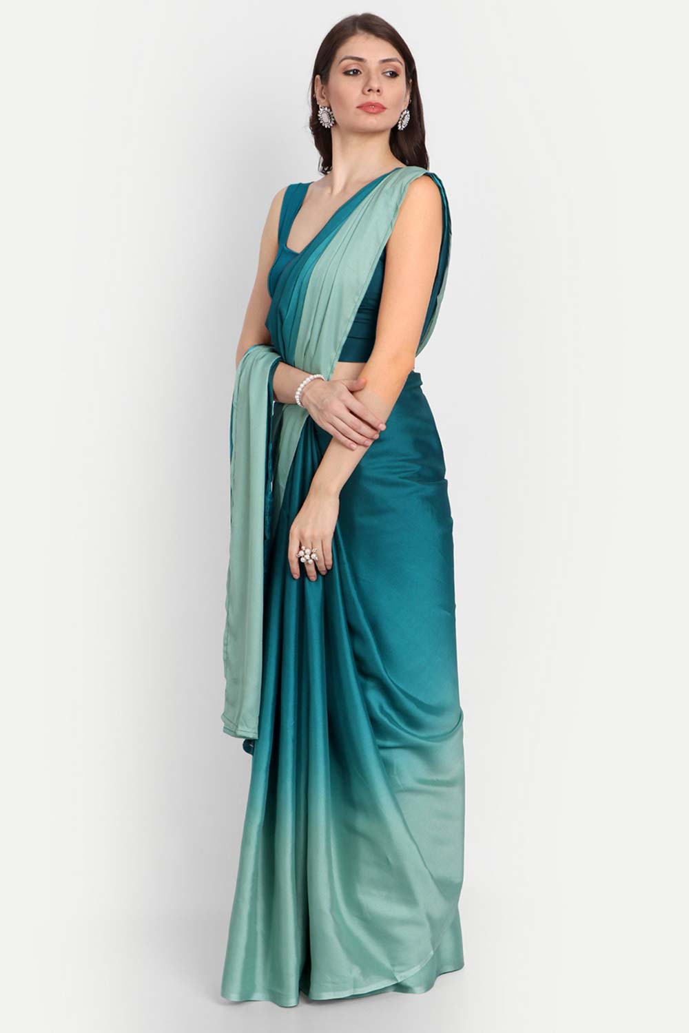 Blue And Green Satin Ombre-Dyed Saree