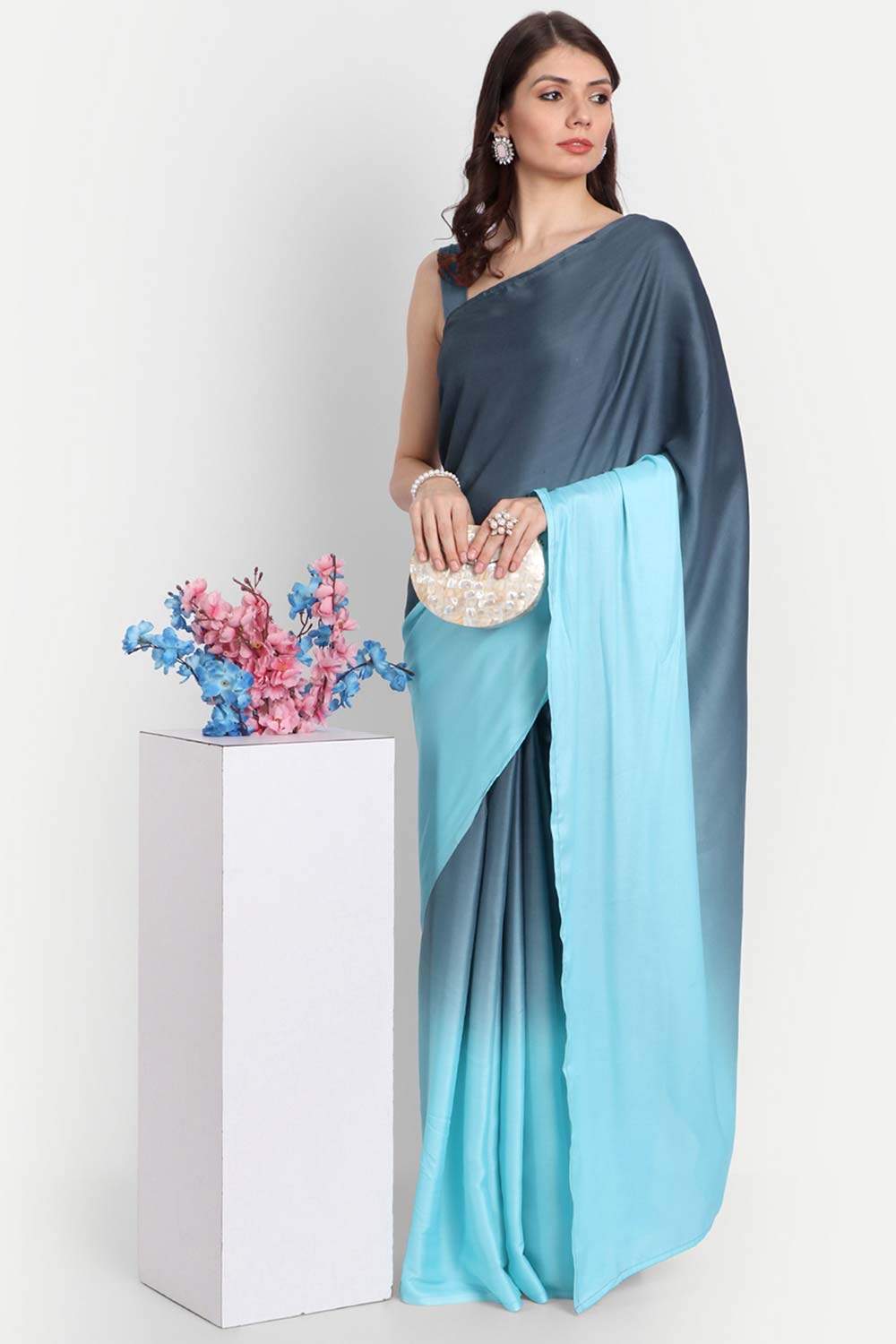 Sky Blue Satin Ombre-Dyed Saree