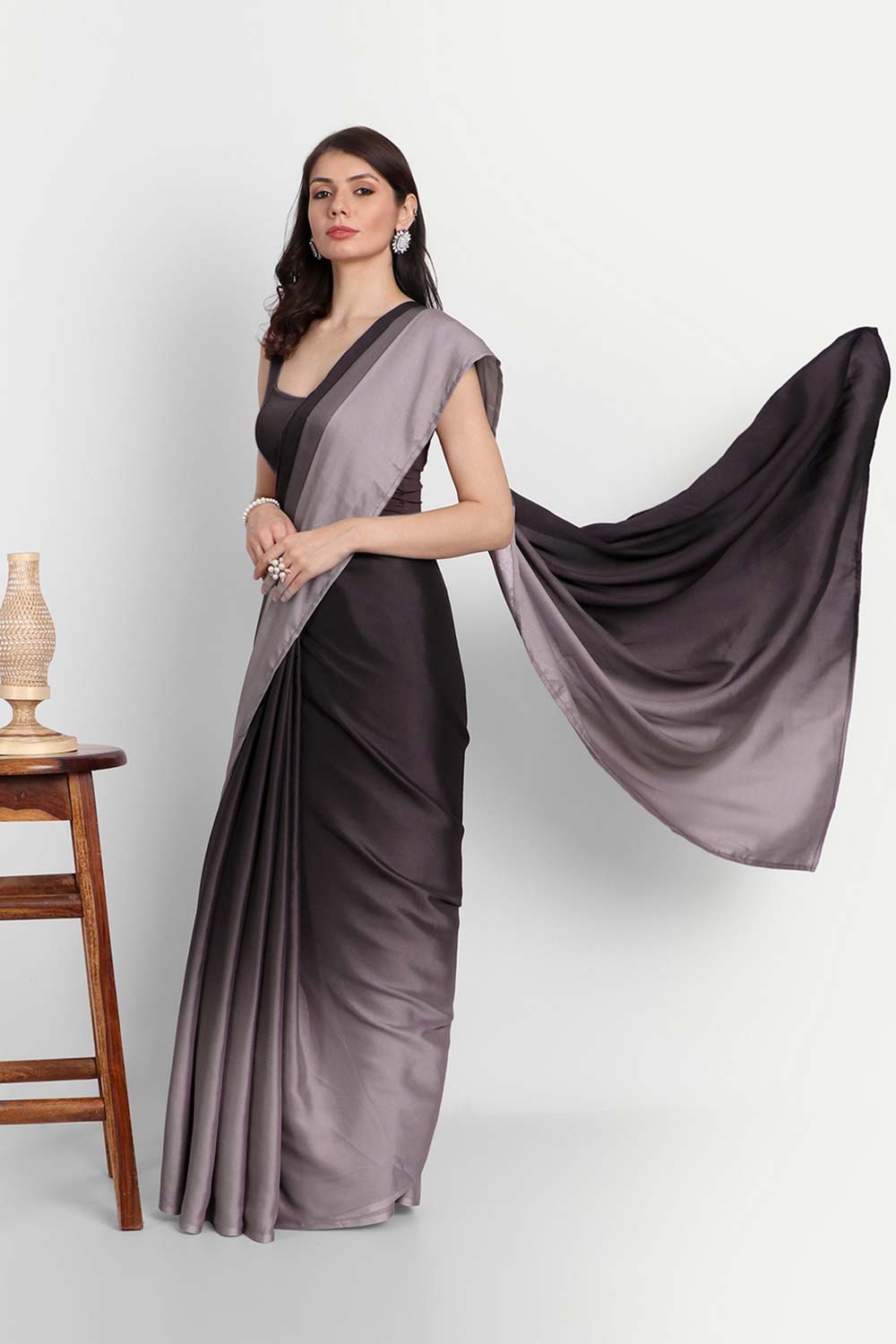 Wine Satin Ombre-Dyed Saree