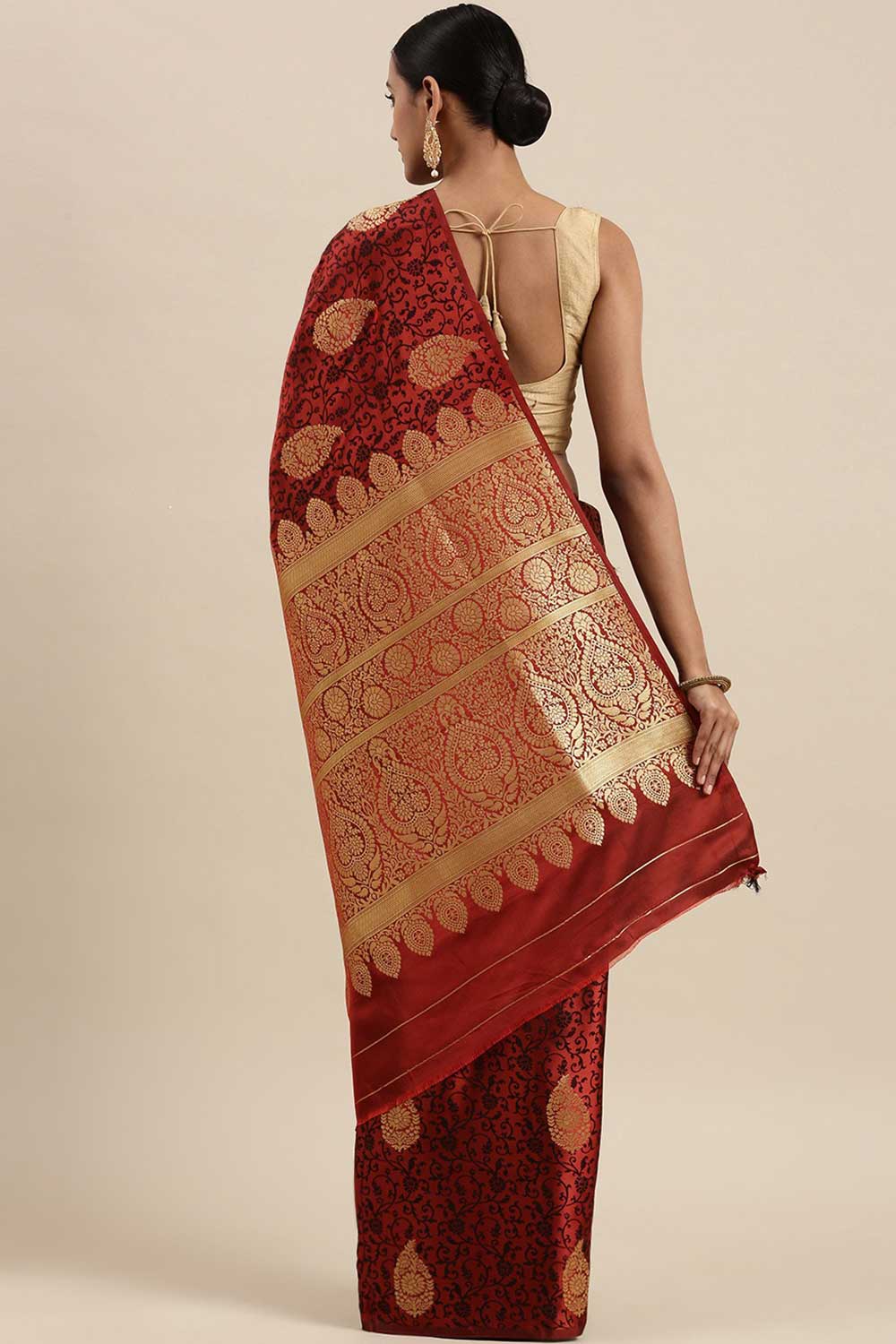 Kanjivaram Litchi Silk Woven Saree In Maroon