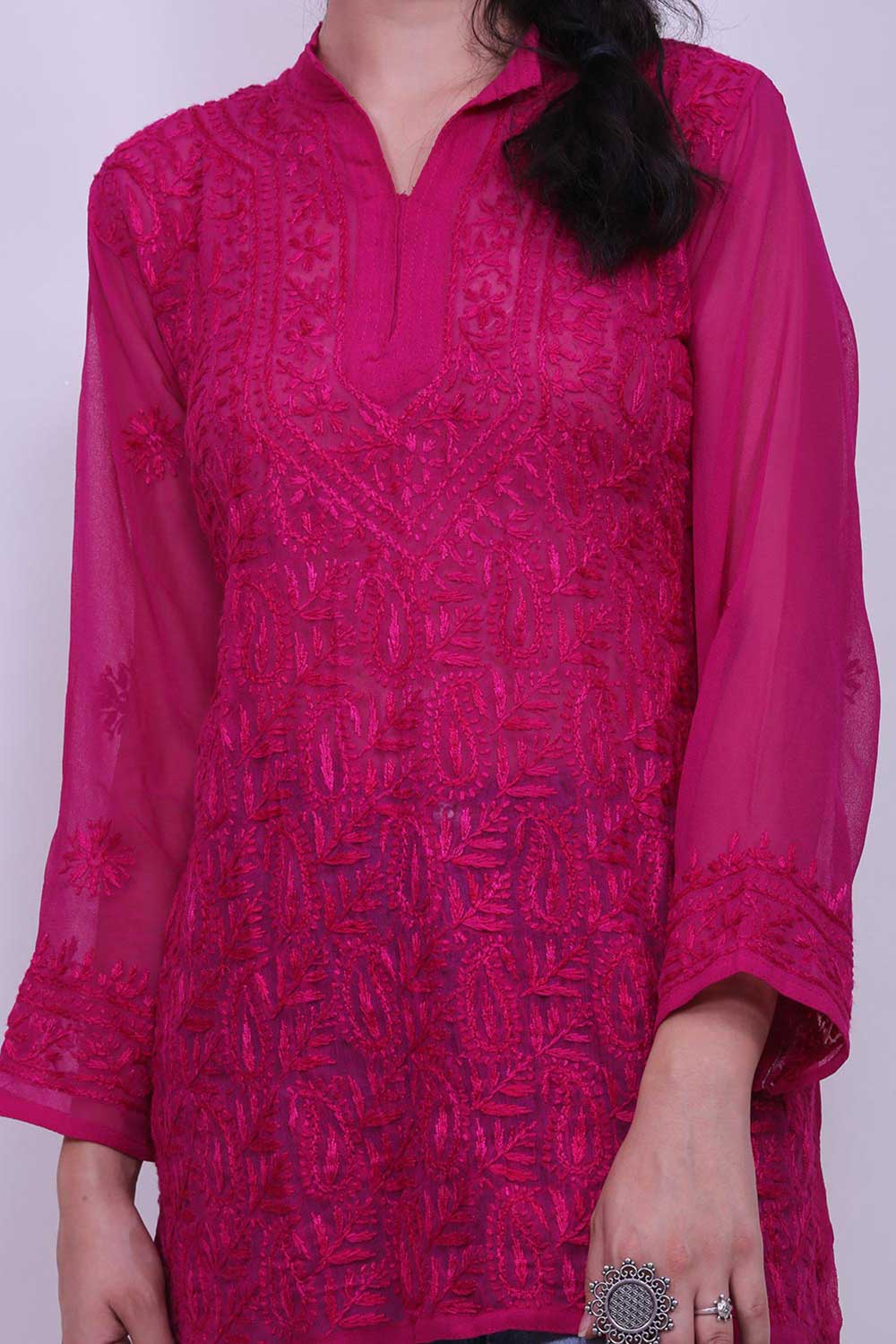 Chikankari Georgette Short Kurti Top In Pink