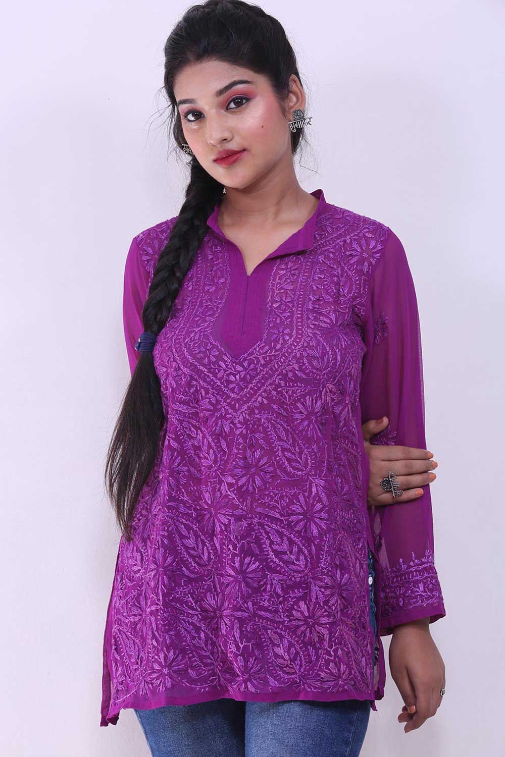 Chikankari Georgette Short Kurti Top In Purple