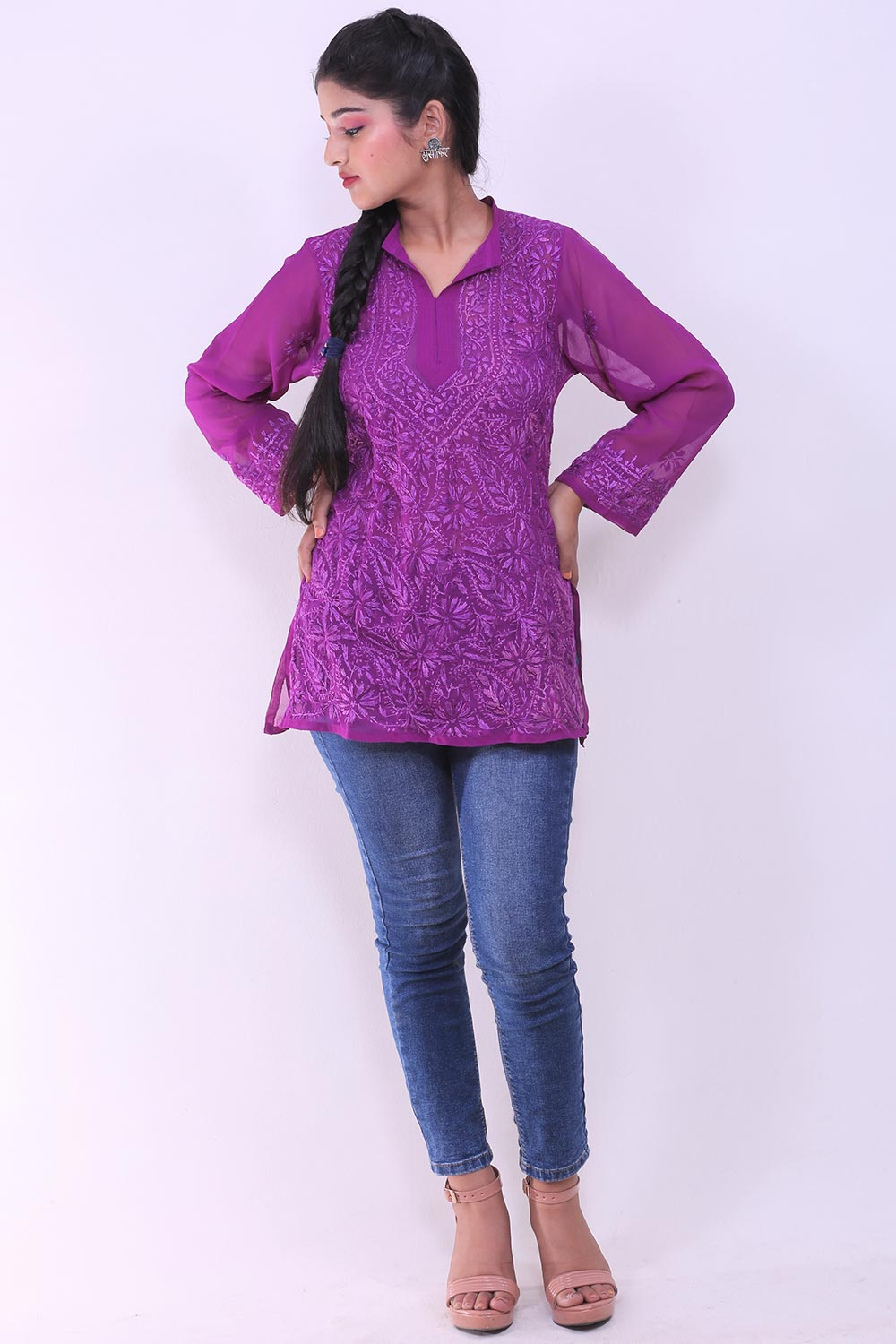 Chikankari Georgette Short Kurti Top In Purple