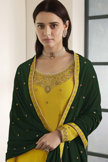 Yellow Georgette Resham Embroidery Palazzo Suit Set