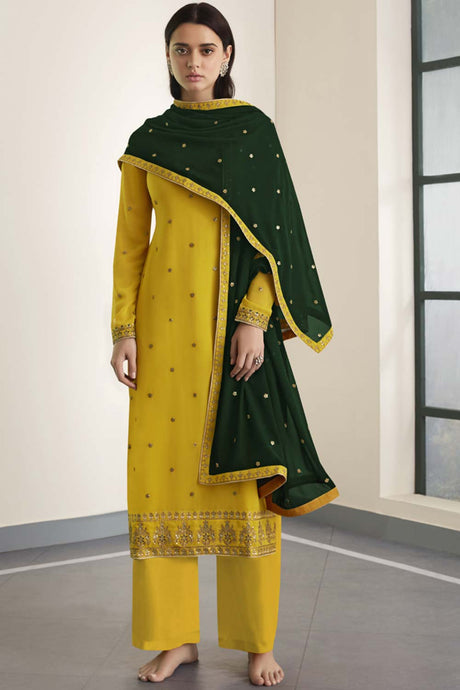Buy yellow Georgette resham embroidery Palazzo Suit Set Online - Back