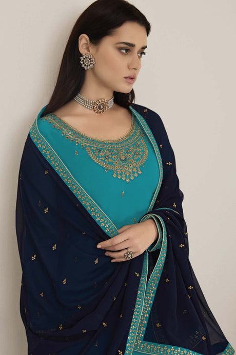 Buy sky-blue Georgette resham embroidery Palazzo Suit Set Online - Back
