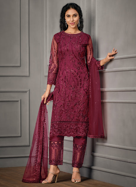 Buy Wine Net Embroidered Pant Suit Set Online - KARMAPLACE