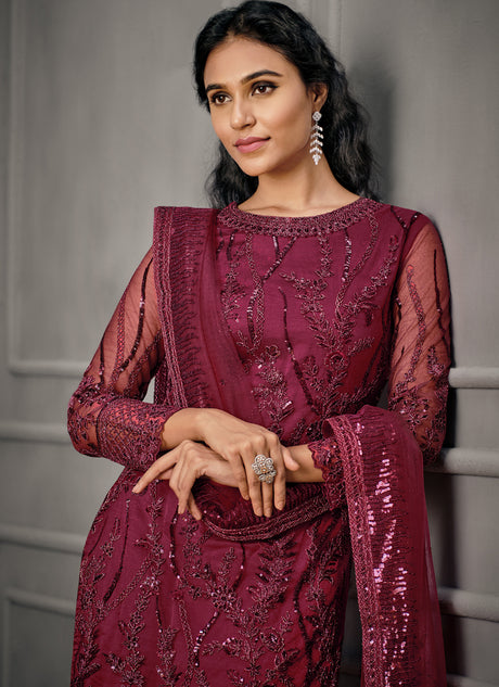 Wine Net Embroidered Pant Suit Set