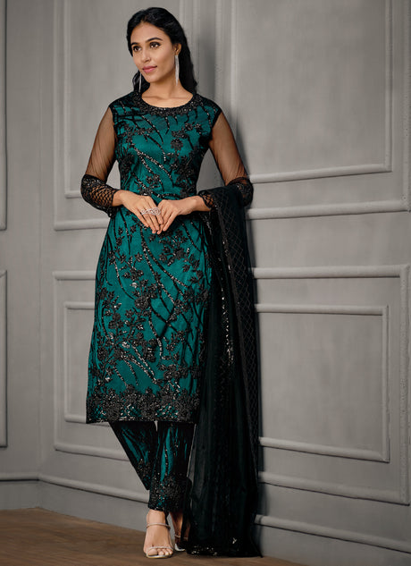 Buy Teal Net Embroidered Pant Suit Set Online - KARMAPLACE