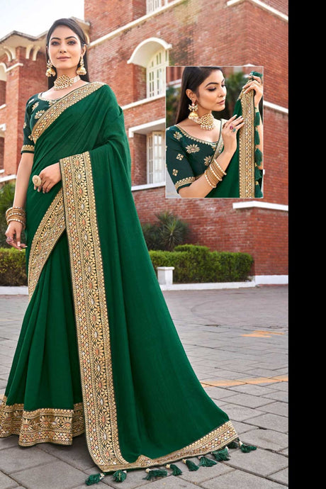 Green Silk Solid Lace Border Saree
