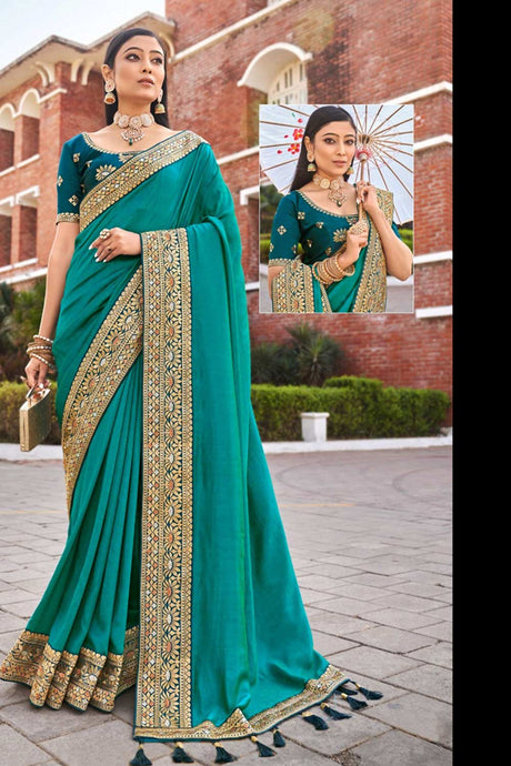 Turquoise Silk Solid Lace Border Saree