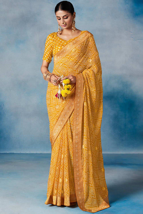 Buy Yellow Georgette Geometric Printed Saree Online