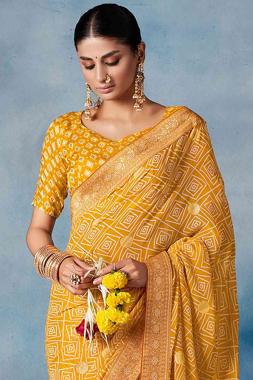 Buy Yellow Georgette Geometric Printed Saree Online - Front