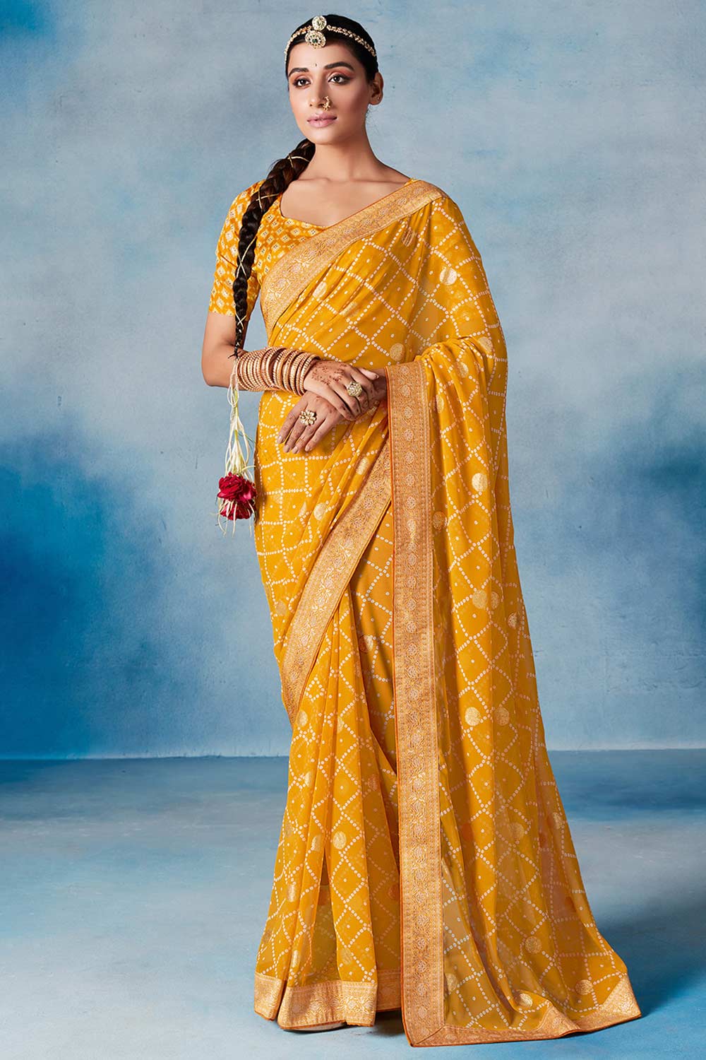 Buy Yellow Georgette Bandhani Printed Saree Online