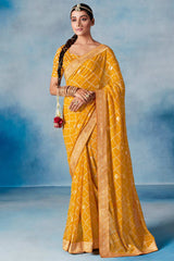 Buy Yellow Georgette Bandhani Printed Saree Online