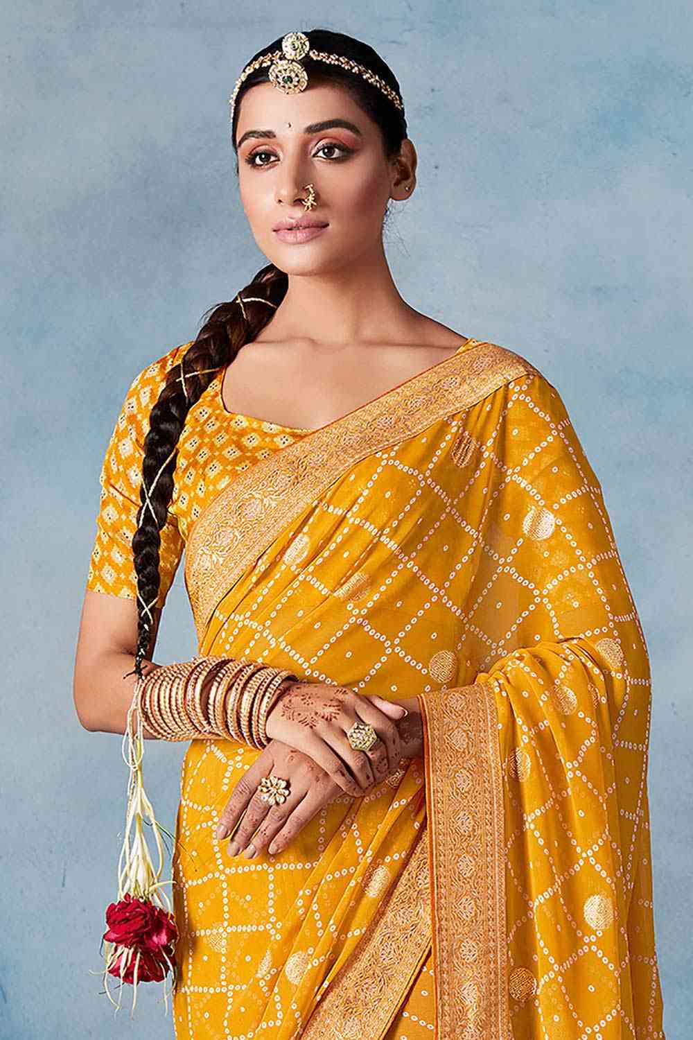 Buy Yellow Georgette Bandhani Printed Saree Online - Front