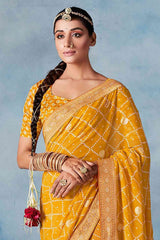 Buy Yellow Georgette Bandhani Printed Saree Online - Front