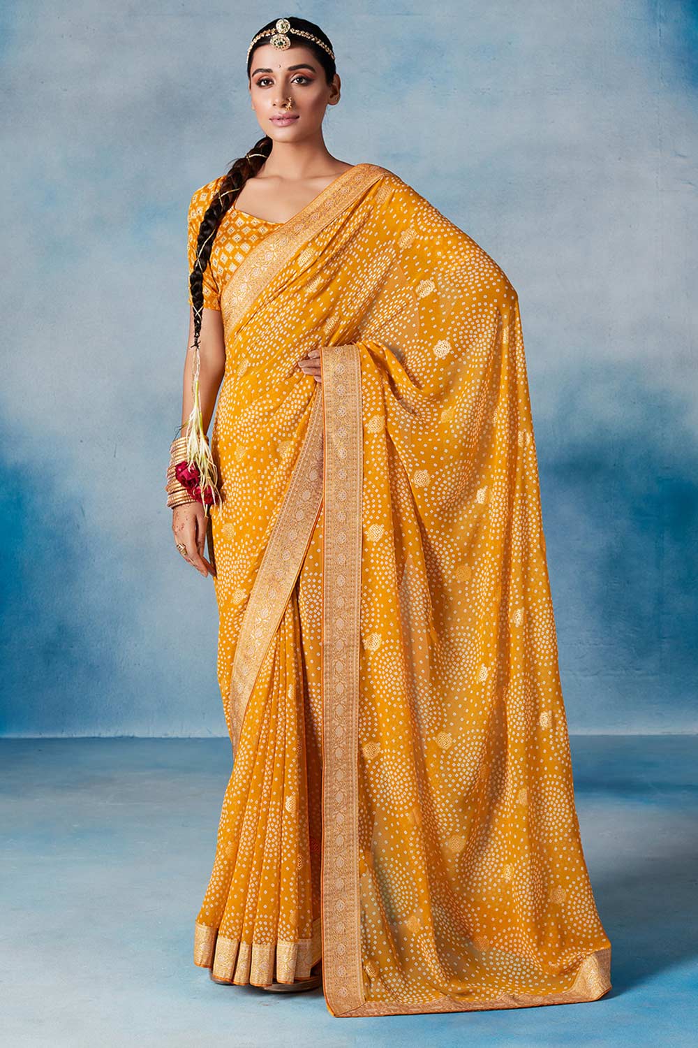 Buy Yellow Georgette Bandhani Printed Saree Online