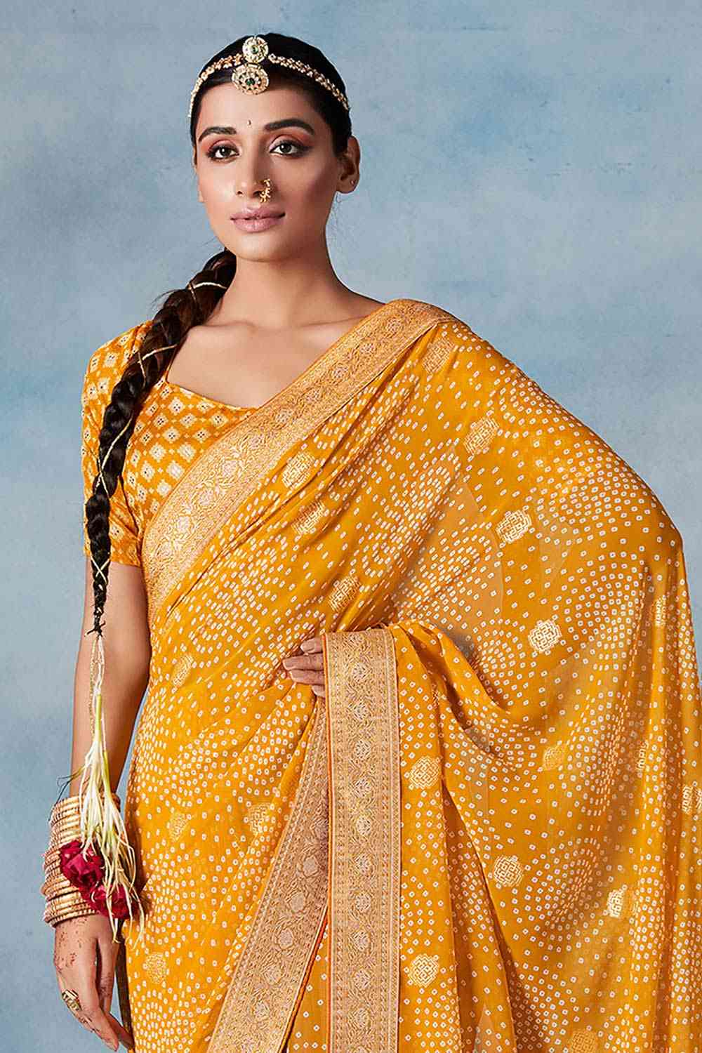 Buy Yellow Georgette Bandhani Printed Saree Online - Front