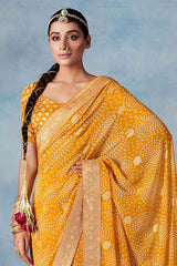 Buy Yellow Georgette Bandhani Printed Saree Online - Front