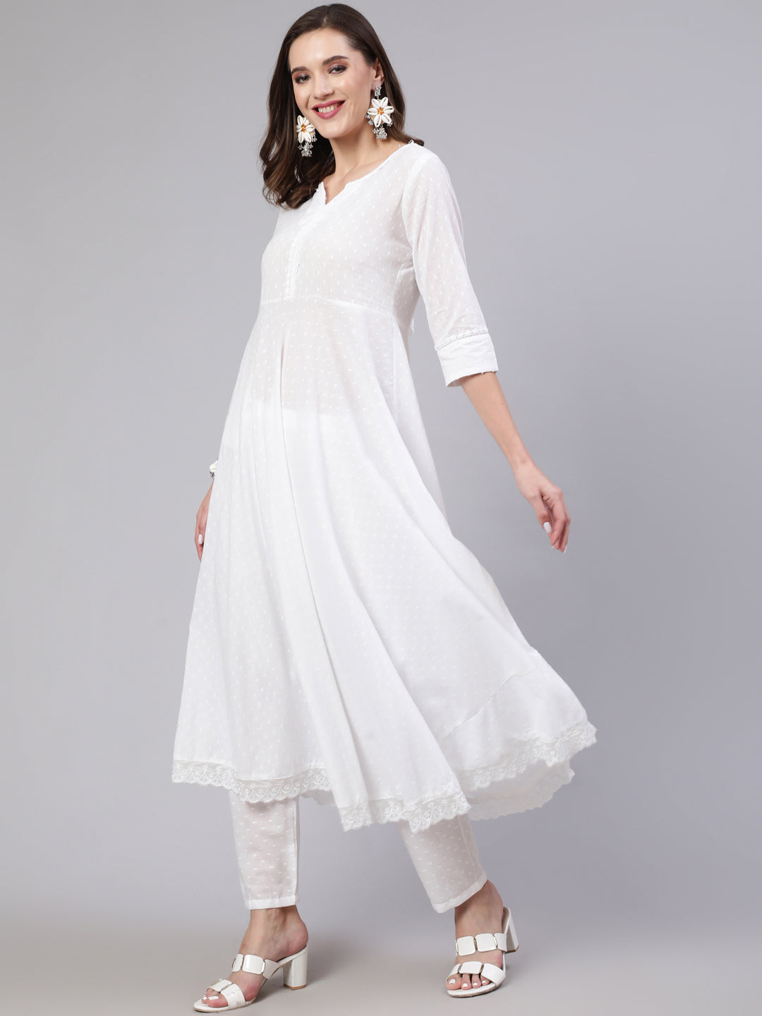 White  Pure Cotton Lace Kurta Sets