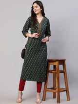 Green  Pure Cotton Printed Kurtas