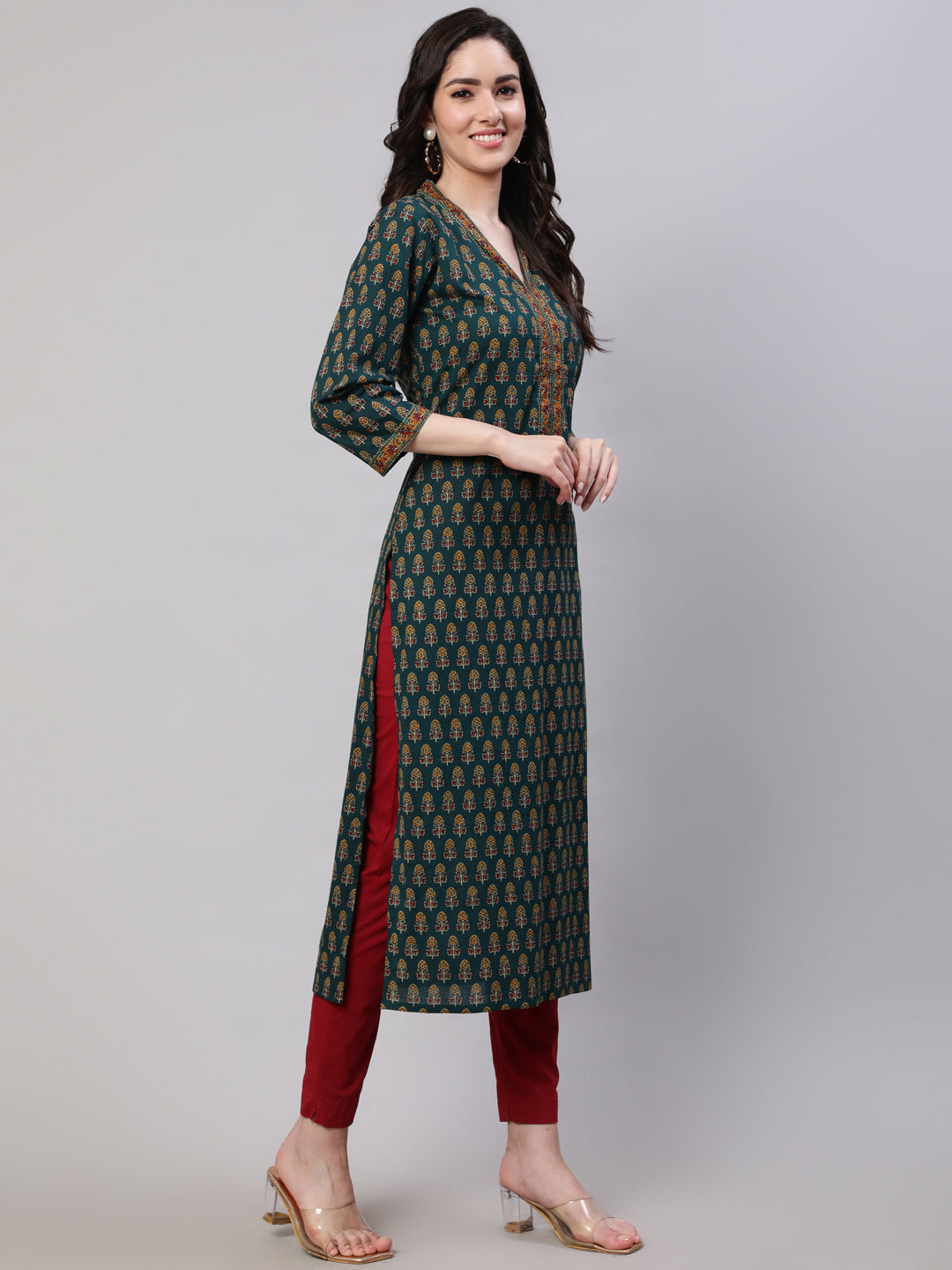 Green  Pure Cotton Printed Kurtas