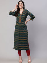 Green  Pure Cotton Printed Kurtas