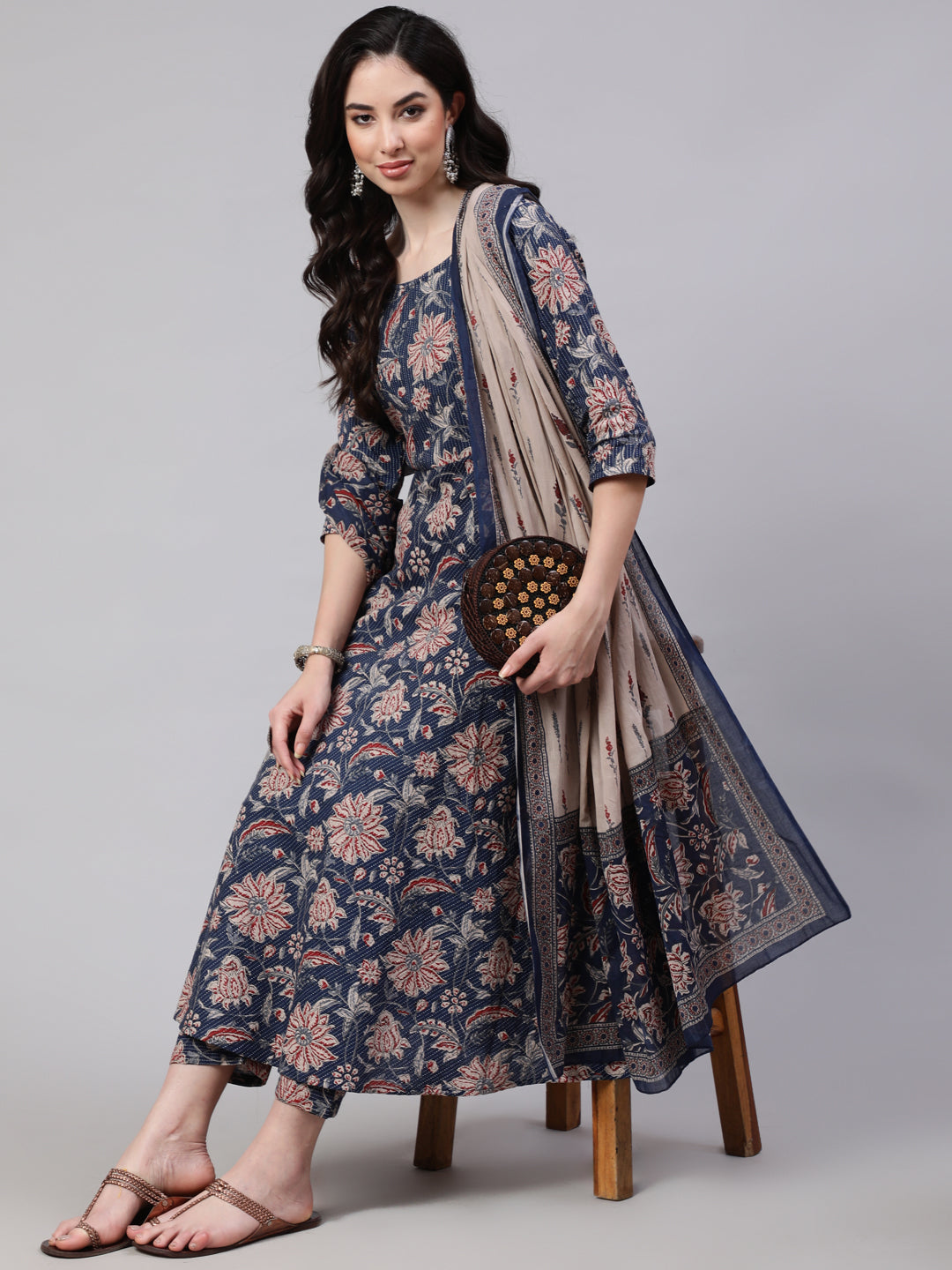 Blue  Pure Cotton Floral Kurta Sets