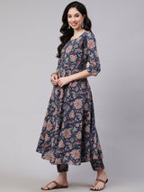 Blue  Pure Cotton Floral Kurta Sets