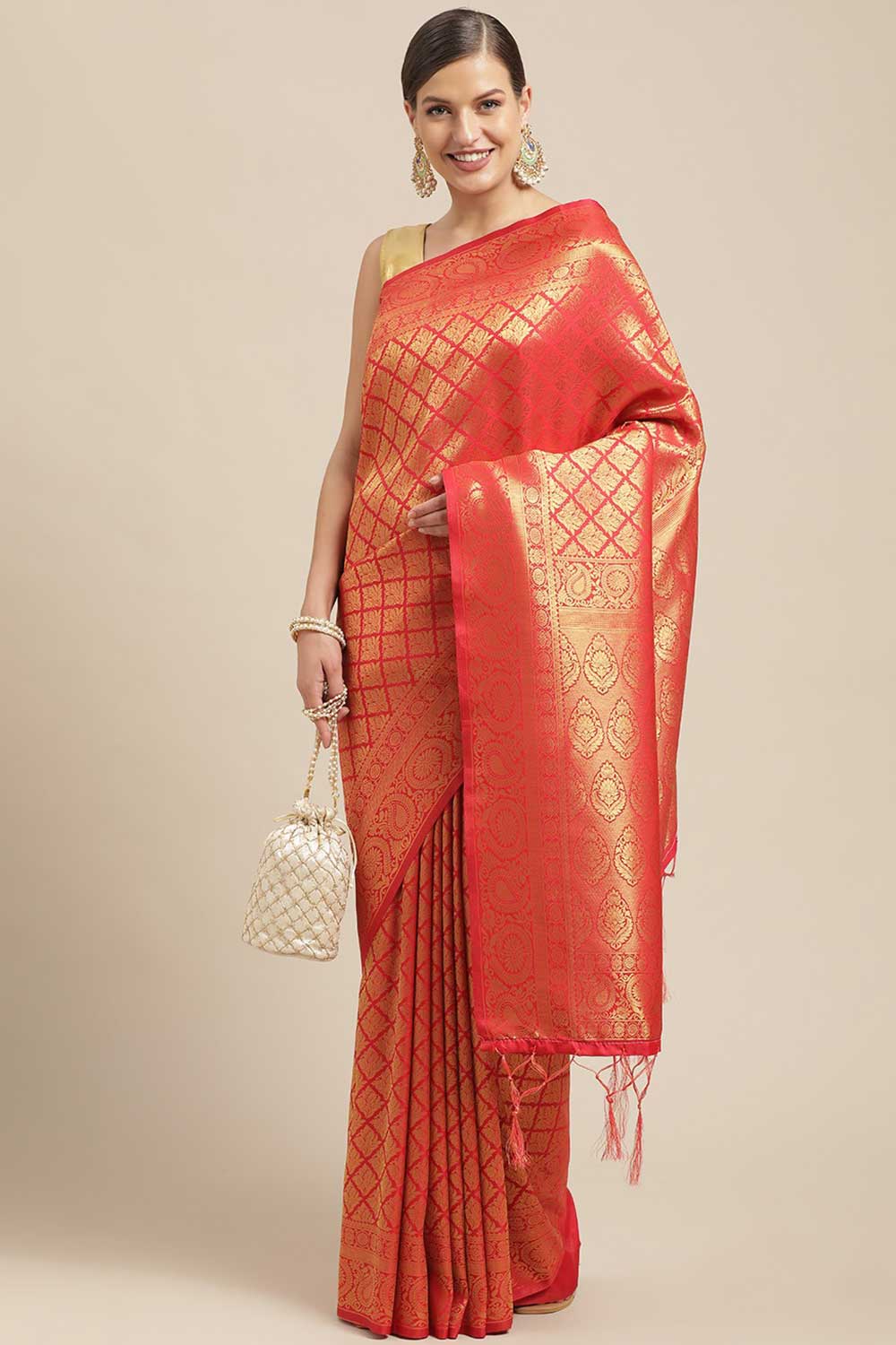 Kanjivaram Litchi Silk Woven Saree In Red