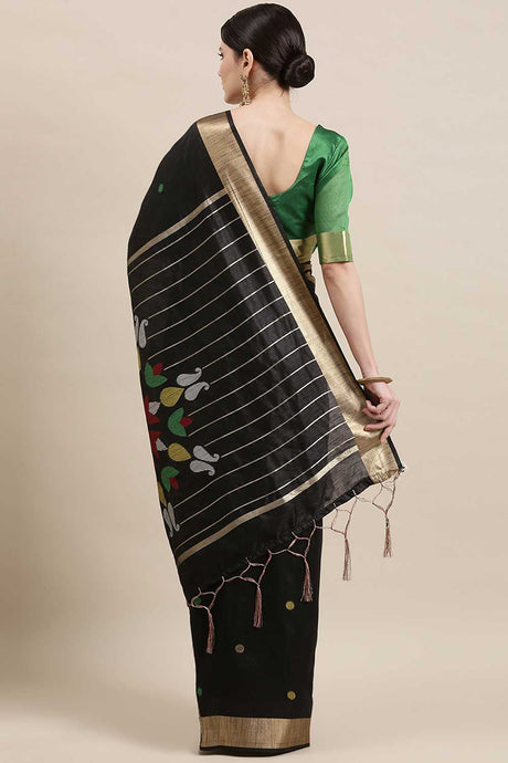 Buy Cotton Silk Polka Dot Saree in Black Online - Back